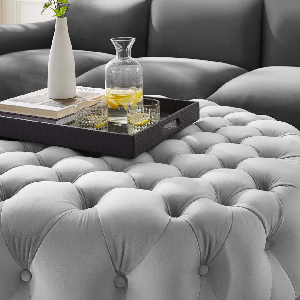 Amour Tufted Button Large Round Performance Velvet Ottoman - Light Gray...