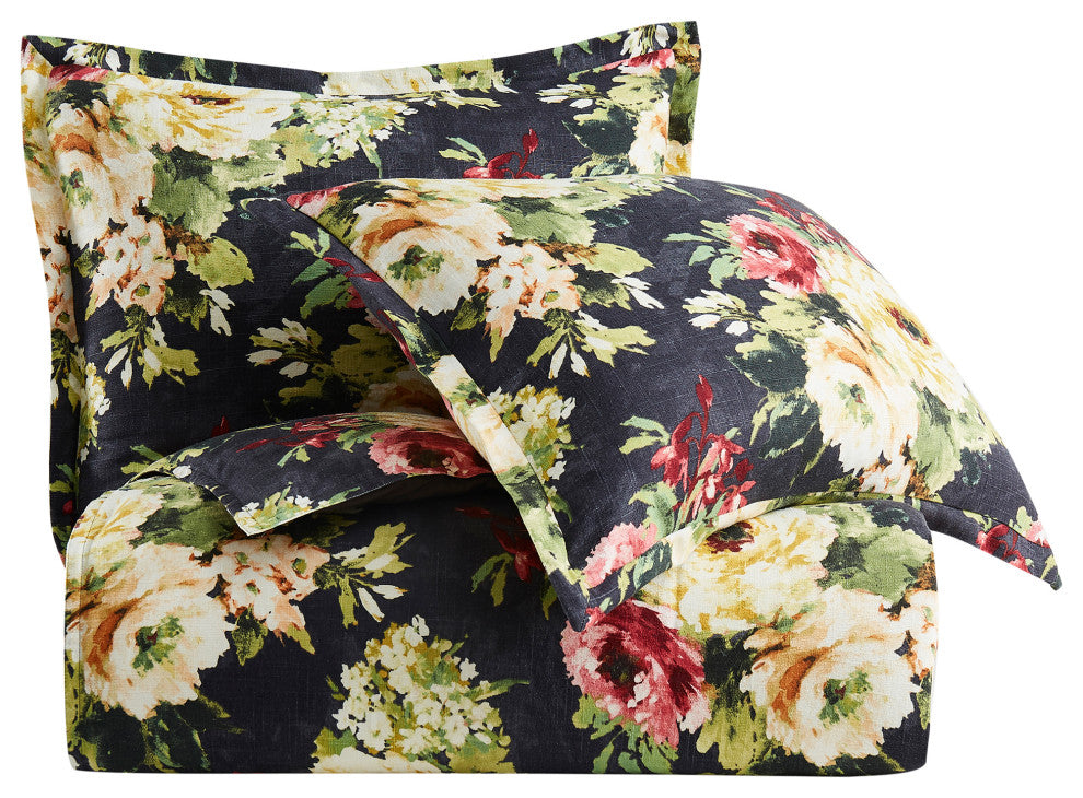 Peony Washed Linen Comforter Set, Blossom, 3 Piece, Charcoal, Super King