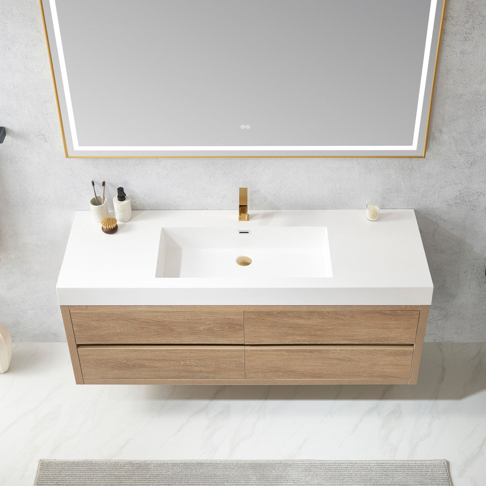 Palencia Floating Bath Vanity With Composite Stone Top, North American Oak, 60" Single Sink, With Mirror