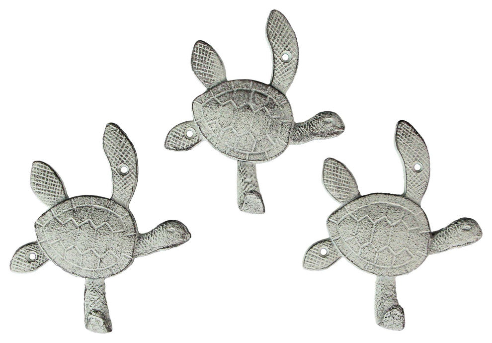 6 Inch Cast Iron Antique White Sea Turtle Wall Hook Towel Hanger Hat Rack Set/3