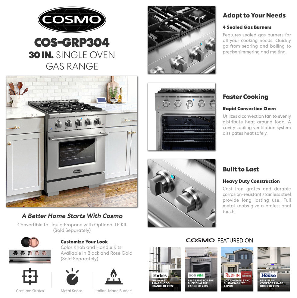 Cosmo 30" Freestanding Gas Range with 4 Italian Made Burners