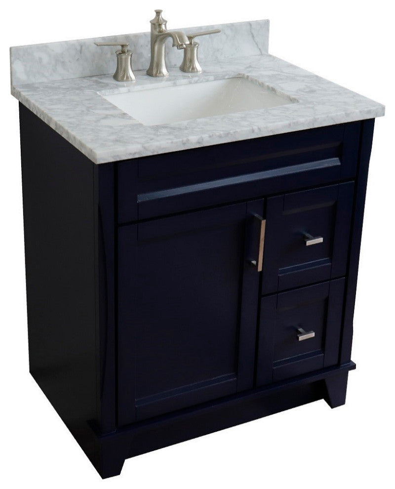 31" Single Sink Vanity, Blue Finish With White Carrara Marble