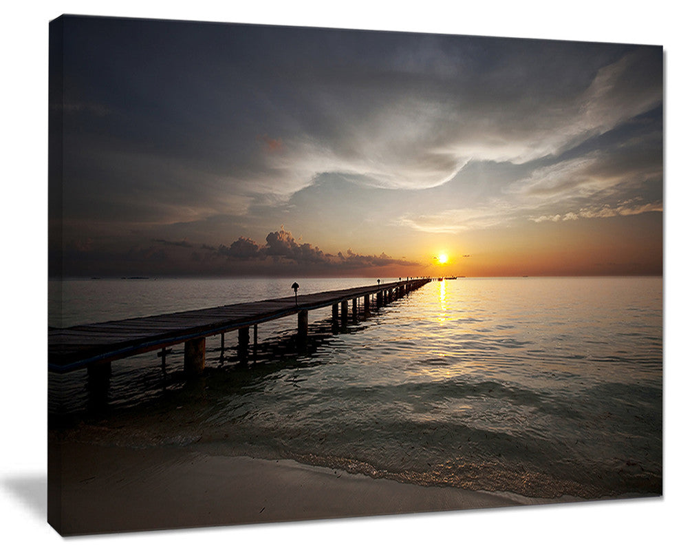 "Long Boardwalk Into The Sunset Sea" Sea Bridge Canvas Art Print, 20"x12"