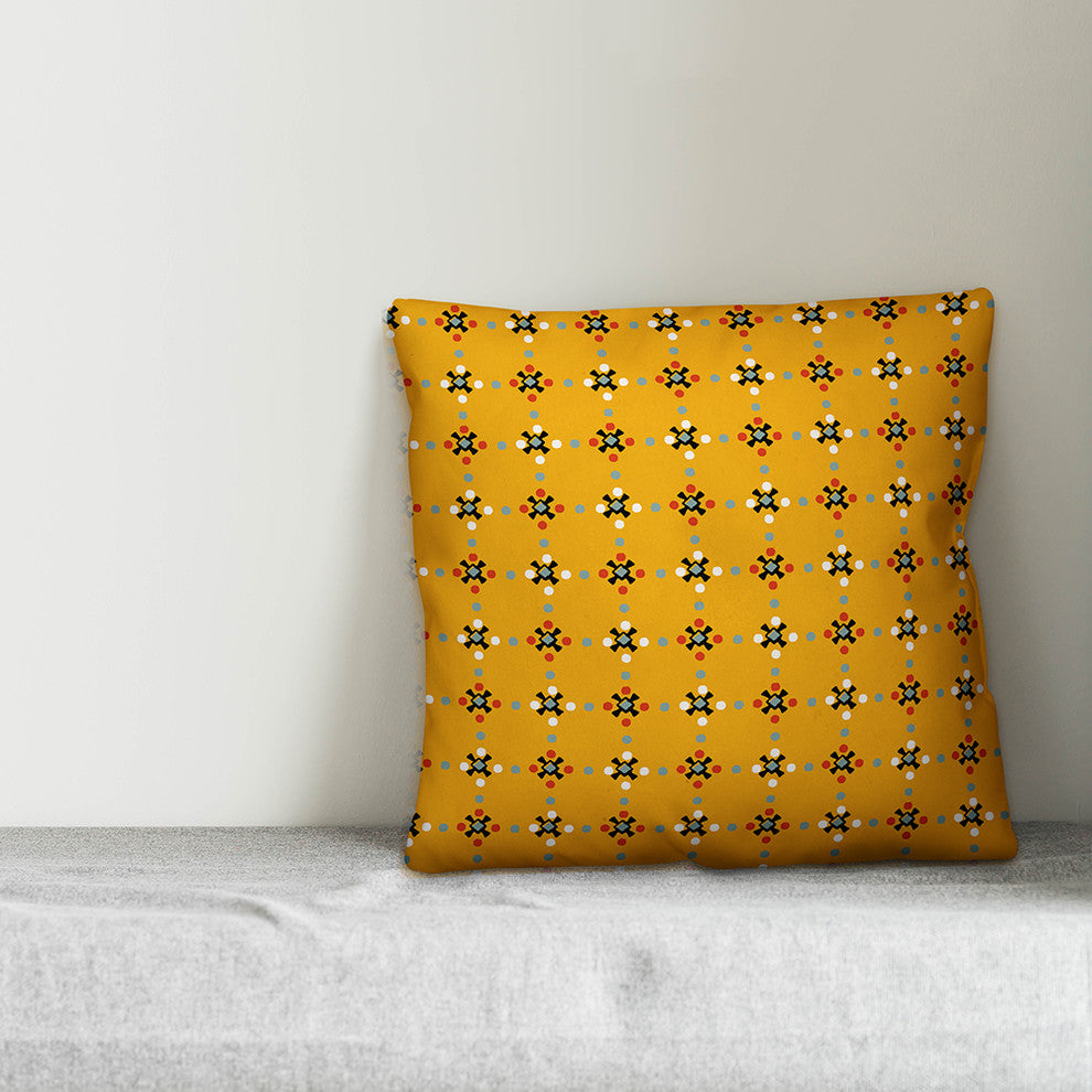 Whimsical Folk Pattern, Yellow Throw Pillow, 20"x20"