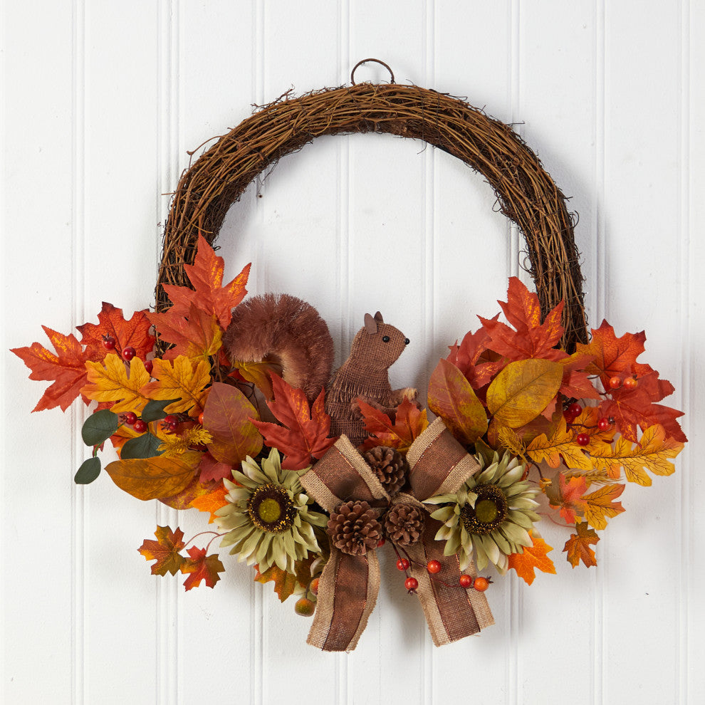 W1183 26 Fall Harvest Artificial Autumn Wreath With Twig Base and Bunny