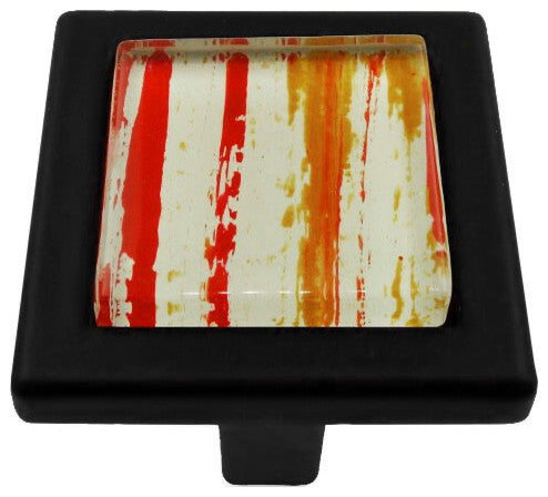 Hand Brushed Red Orange Streaks Crystal Glass Black Metal Square Manor Knob