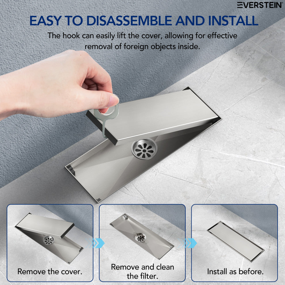 Linear Shower Drain with Hair Strainer and Reversible Tile Insert Cover, Brushed Nickel