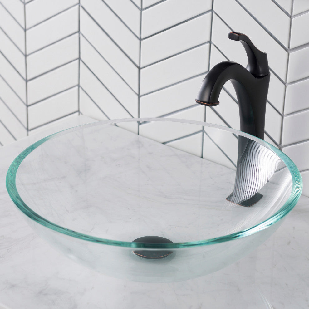 Glass Vessel Sink, Arlo Bathroom Faucet, PU Drain, Mount Ring, Matte Black