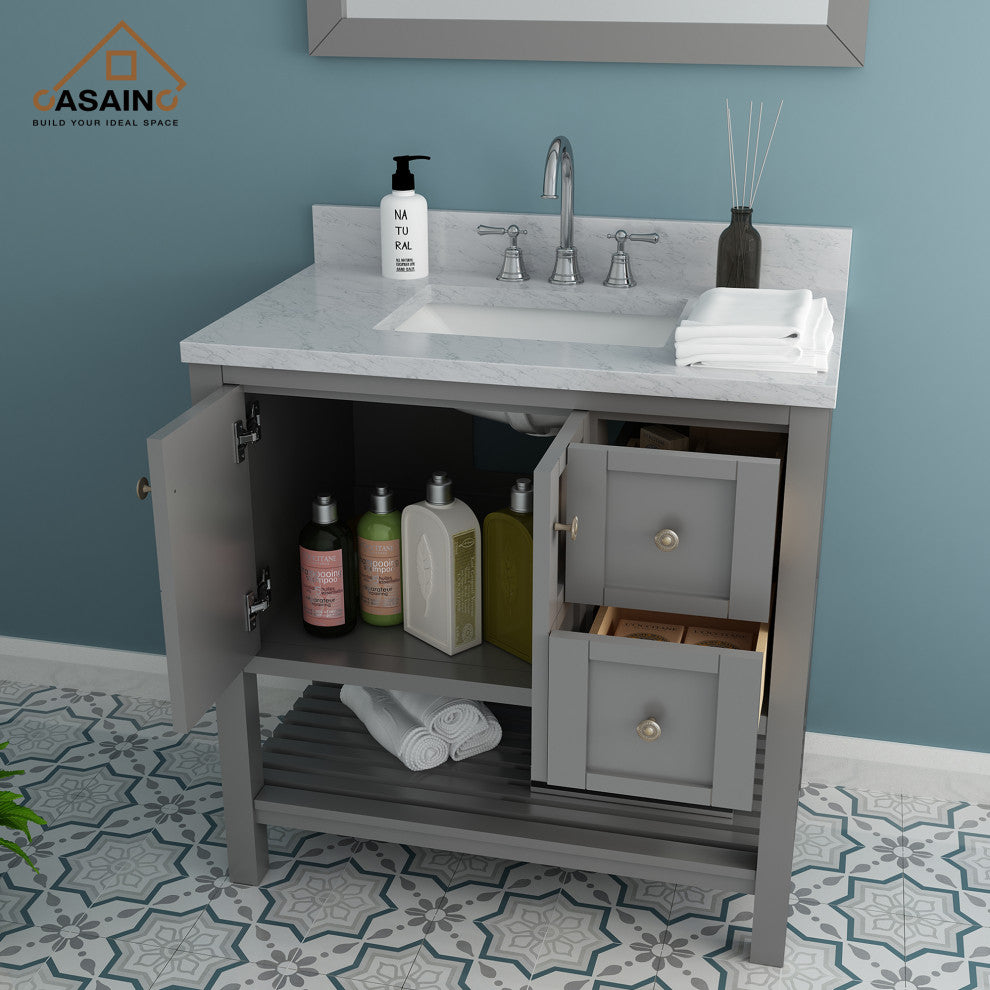 CASAINC 36" Marble Top Single Sink Bathroom Vanity, Gray