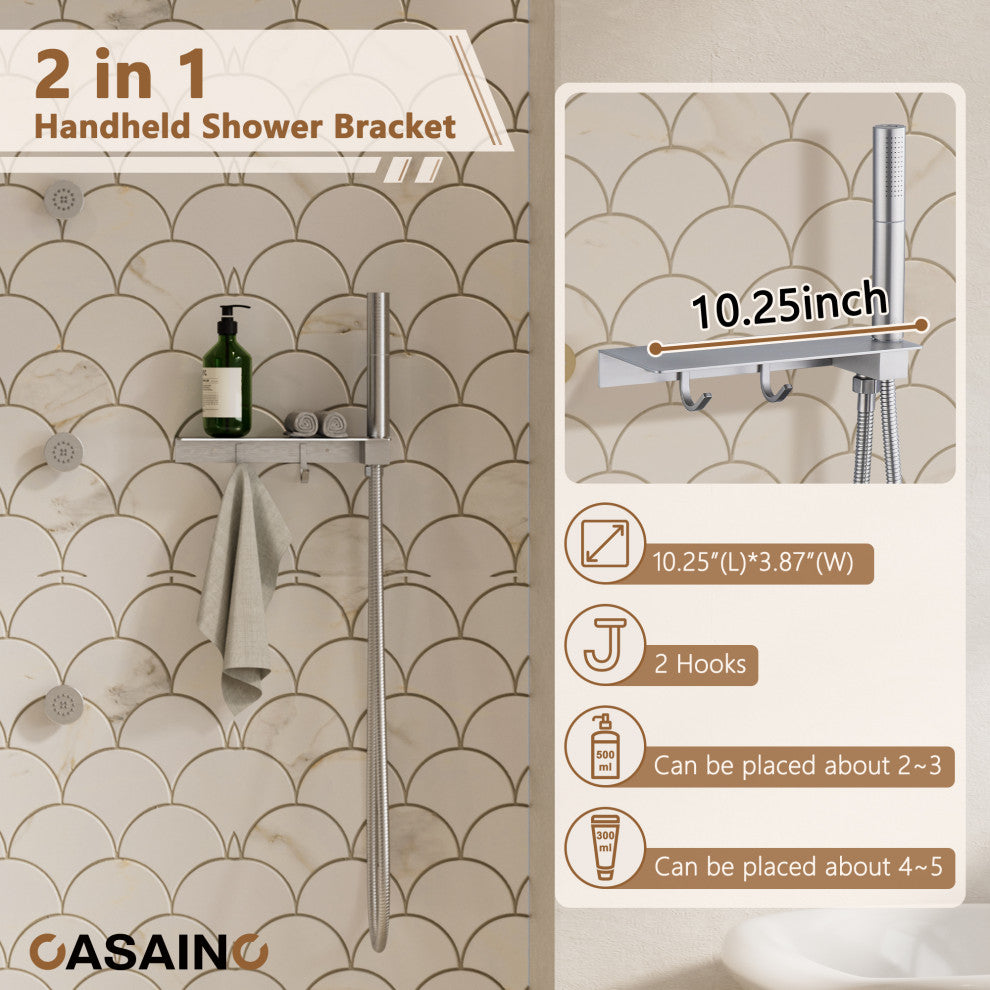 12inch Adjustable Shower Head With Shelf and Spray Gun Function, Brushed Nickel