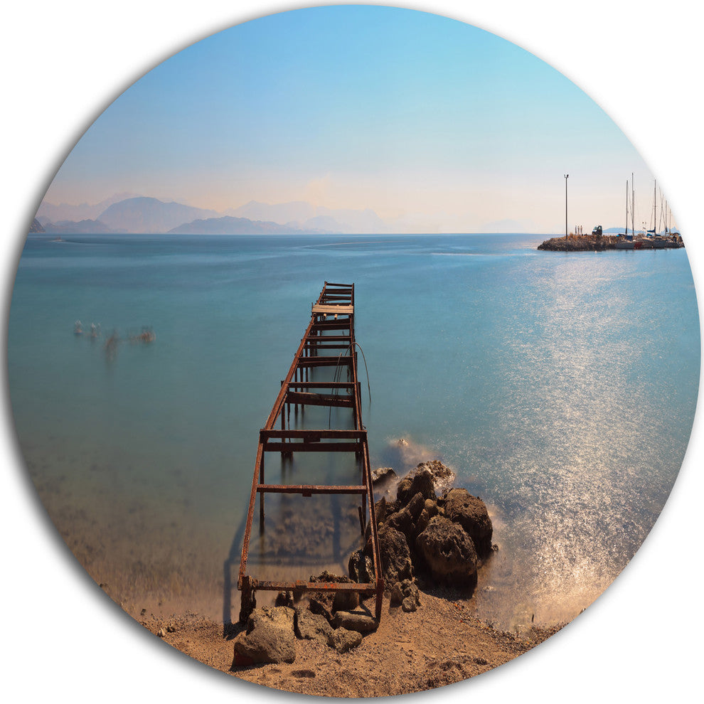 Old Pier At Beach Panoramic View, Wooden Sea Bridge Disc Artwork, 11"