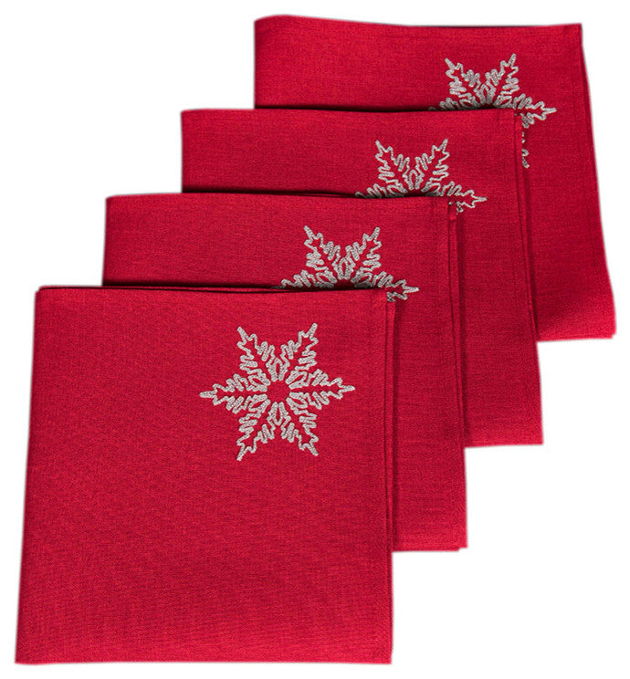 Glisten Snowflake Embroidered Christmas Napkins, Red, 20"x20", Set of 4