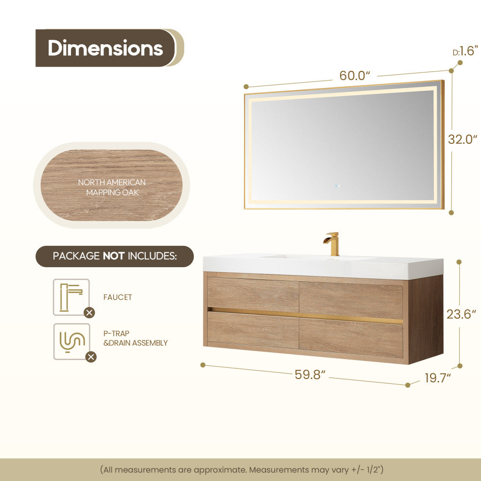 Palencia Floating Bath Vanity With Composite Stone Top, North American Oak, 60" Single Sink, With Mirror