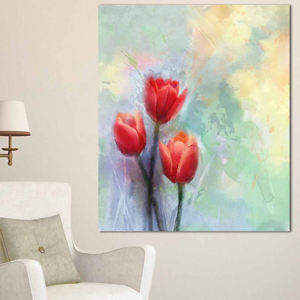 Red Tulips on Light Blue Watercolor, Large Floral Canvas Artwork, 30"x40"