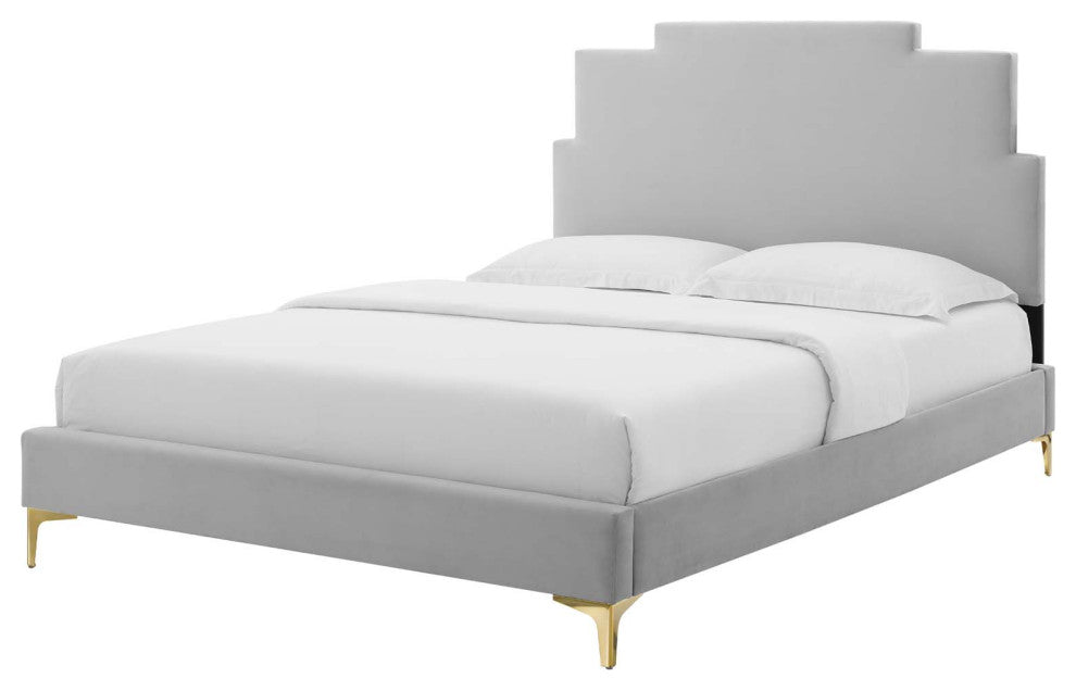 Platform Bed Frame, King Size, Velvet, Light Gray, Modern Contemporary