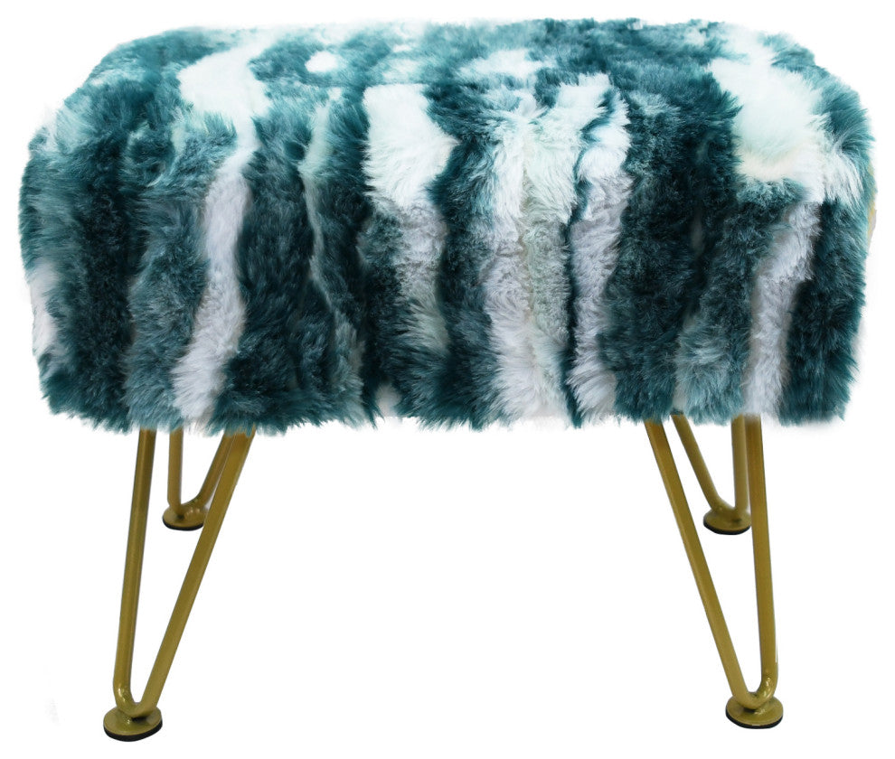 Soft Faux Fur Ottoman Fuzzy Entryway Bench Seat, Deep Teal, 19"x13"x17"