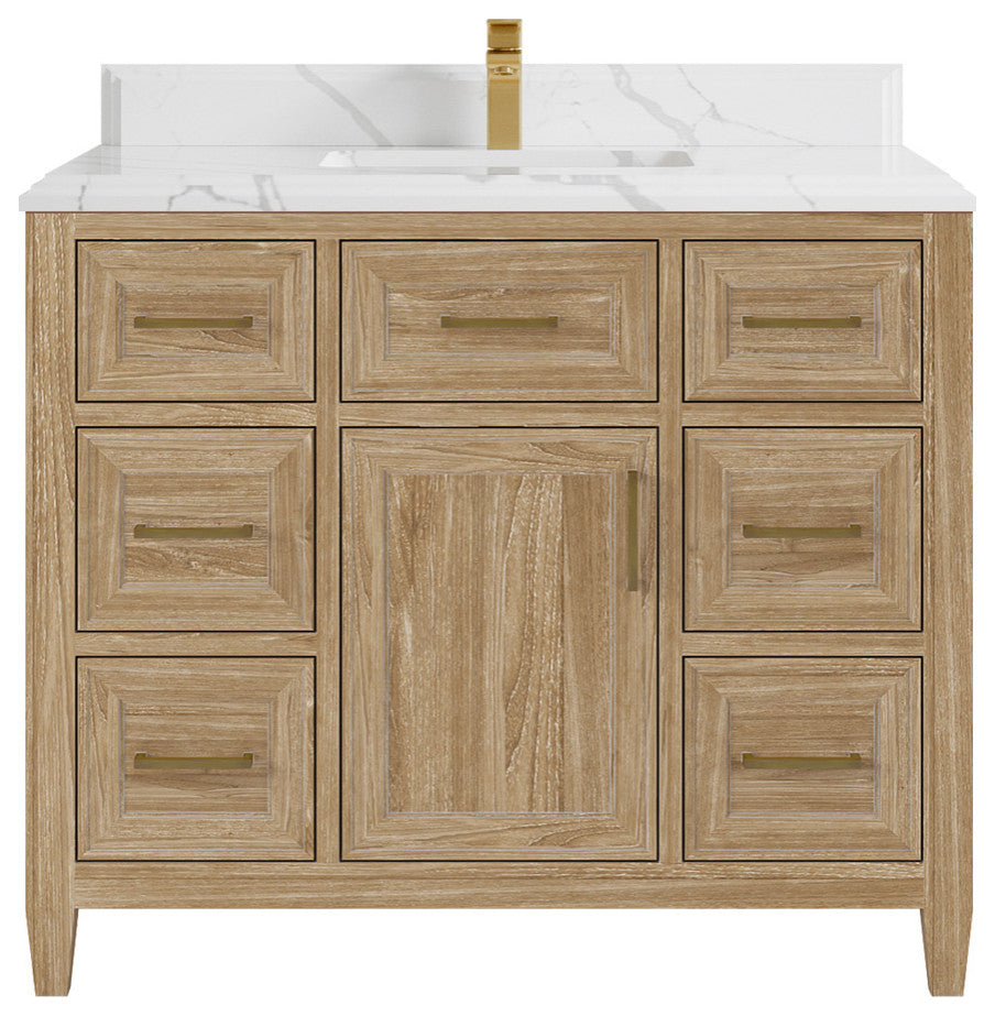 Santa Monica 42 Single Sink Bath Vanity in Whitewashed Teak 1.5" White Quartz