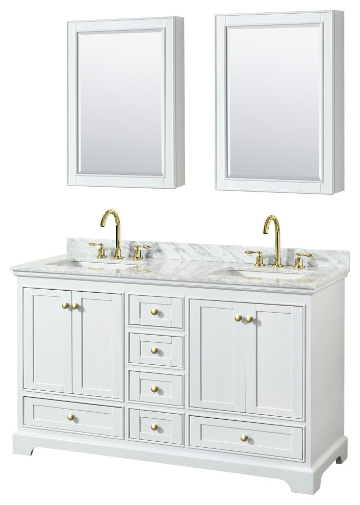 60"DBL Bath Vanity White, Carrara Countertop, Sinks, Gold Trim, Med.Cabinets