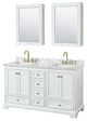 60"DBL Bath Vanity White, Carrara Countertop, Sinks, Gold Trim, Med.Cabinets