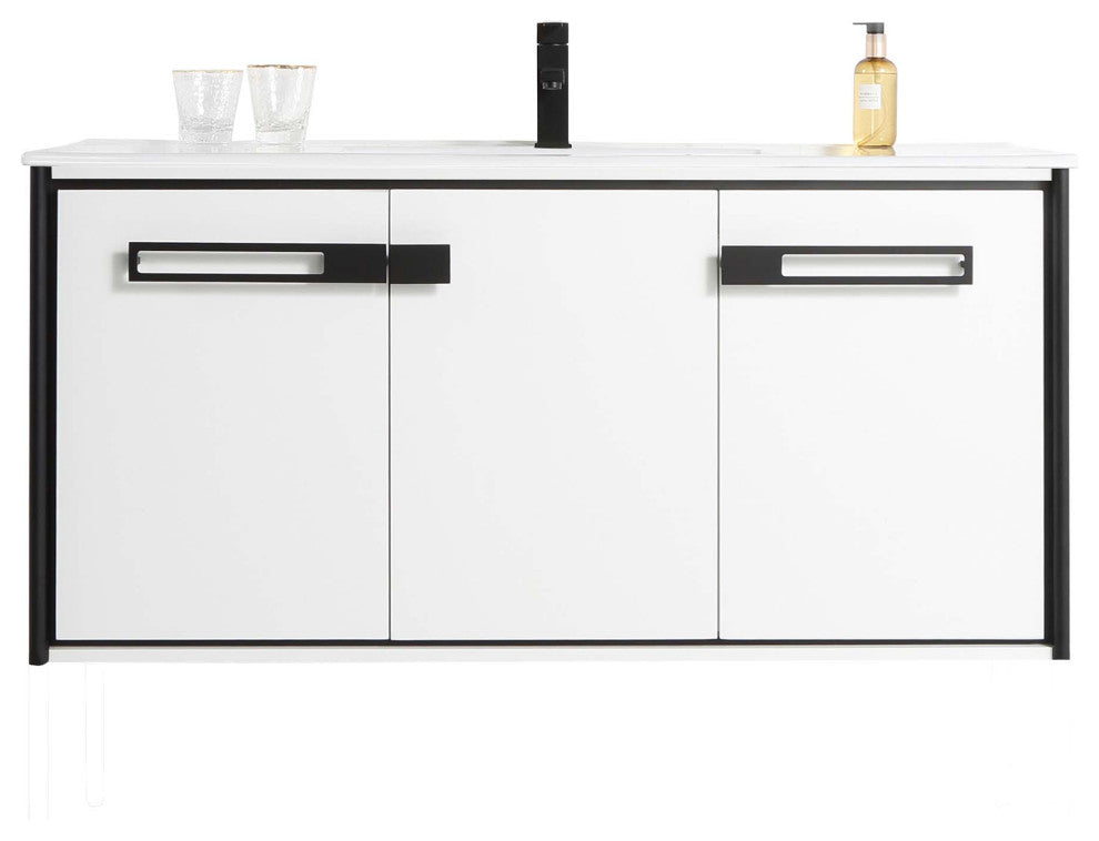 Oakville Wall Mount Bathroom Vanity, White Matte, 48", Black Hardware