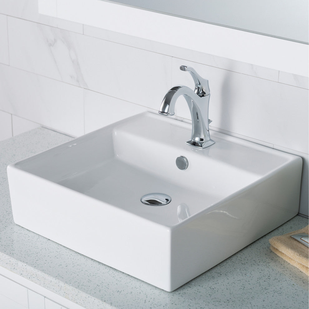 Elavo Square Ceramic Vessel Sink, Bathroom Arlo Faucet, Drain, Chrome