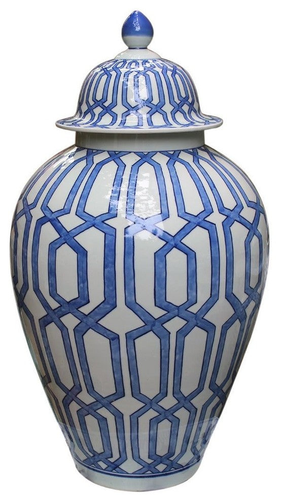 Blue and White Chain Geometric Porcelain Temple Jar, 22.5"
