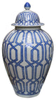 Blue and White Chain Geometric Porcelain Temple Jar, 22.5"