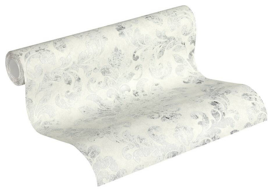 Damask Textured Wallpaper, Ornaments, 374134, White Gray Silver, 1 Roll