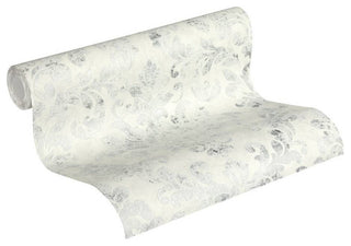 Damask Textured Wallpaper, Ornaments, 374134, White Gray Silver, 1 Roll