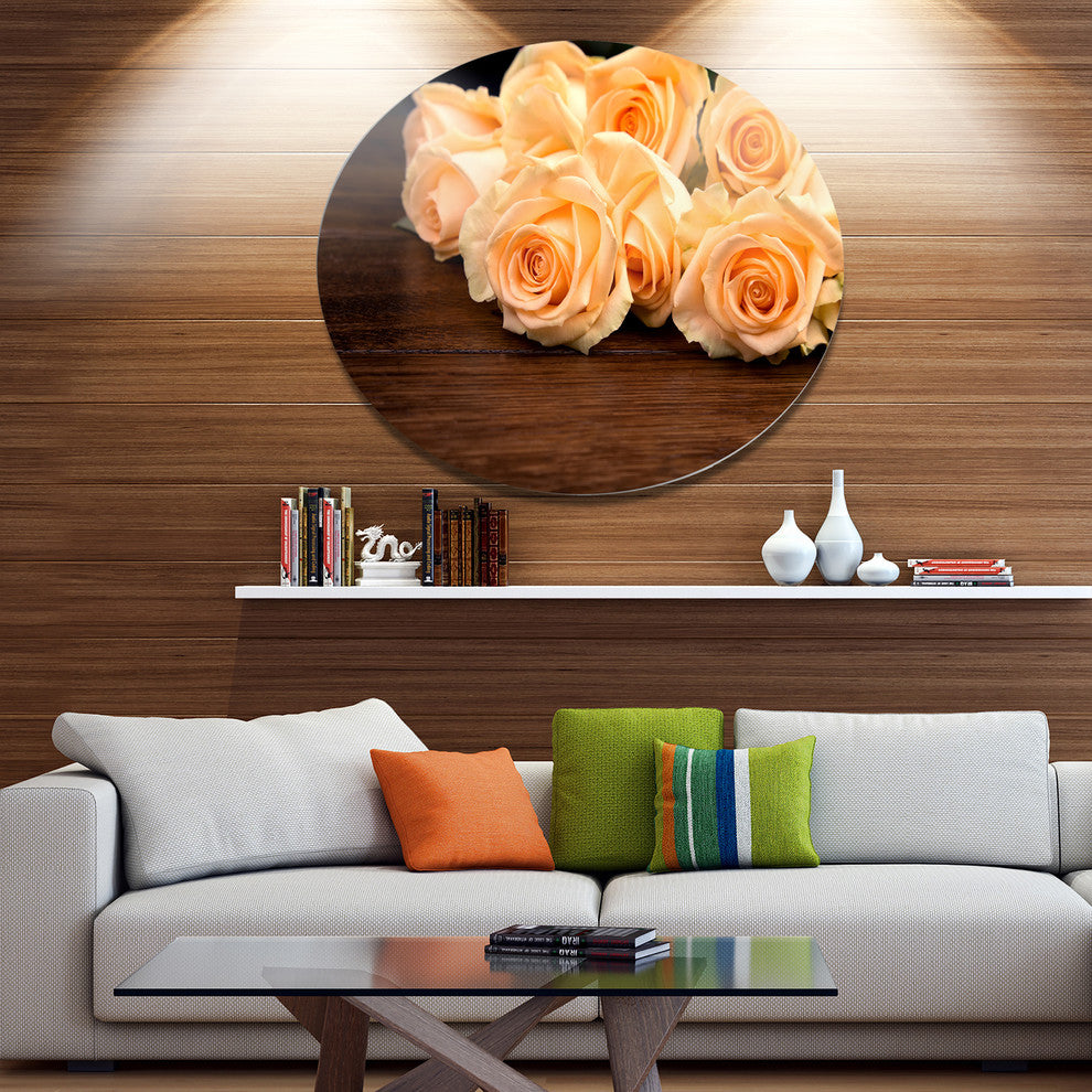 Roses On Wooden Surface Photo, Floral Round Metal Wall Art, 36"