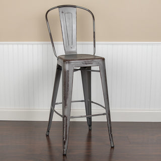 Commercial 30"High Distressed Silver Gray Metal Indoor-Outdoor Barstool, Back