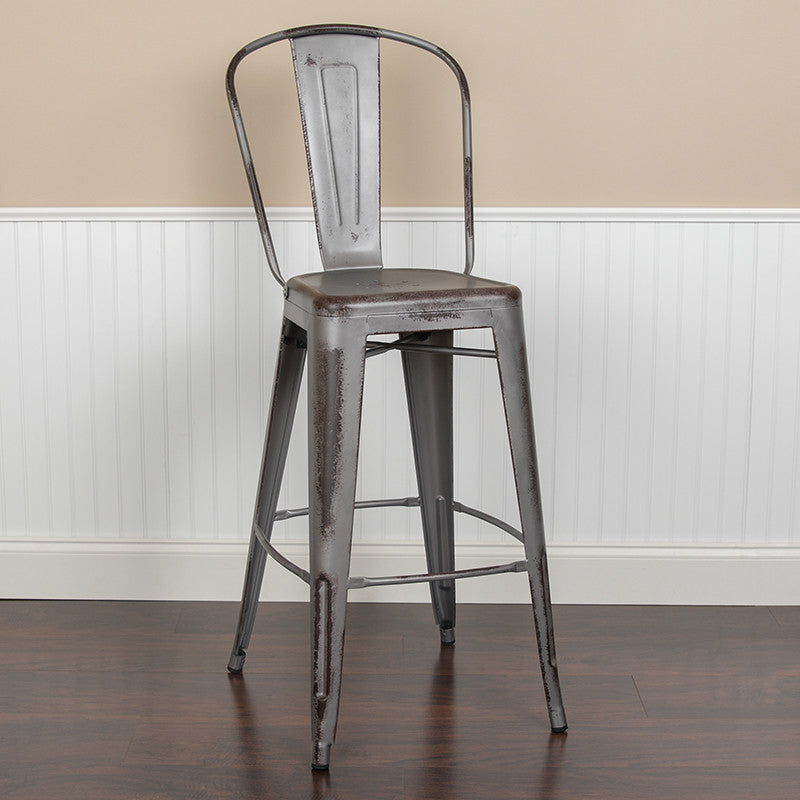Commercial 30"High Distressed Silver Gray Metal Indoor-Outdoor Barstool, Back