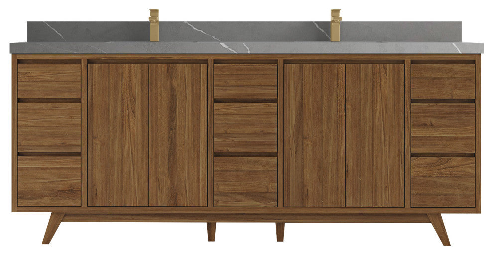Madison Teak 84 Double Sink Bath Vanity in Dark Natural 2" Piatra Gray