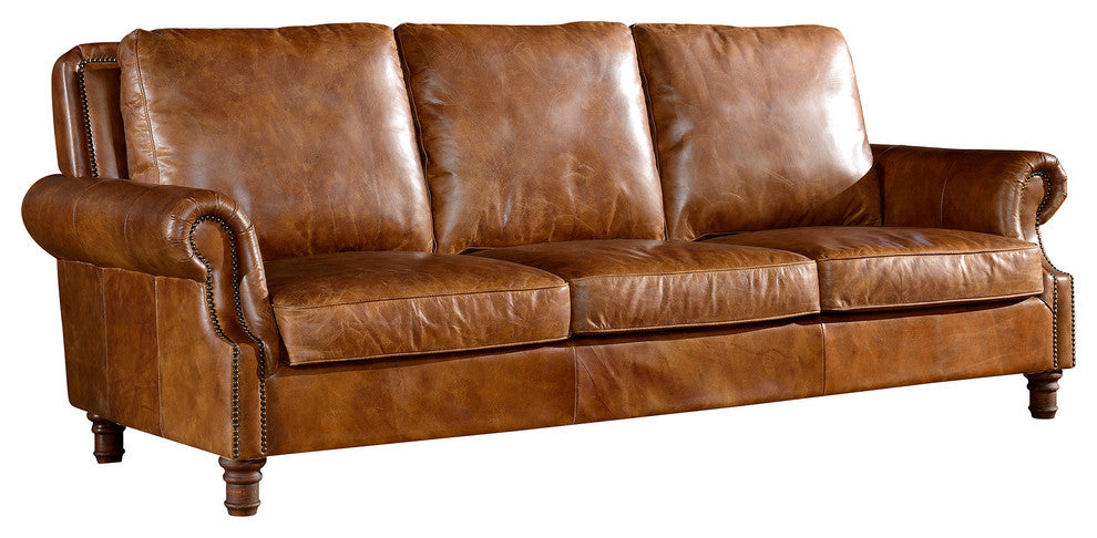 Leather English Rolled Arm Sofa, Light Brown