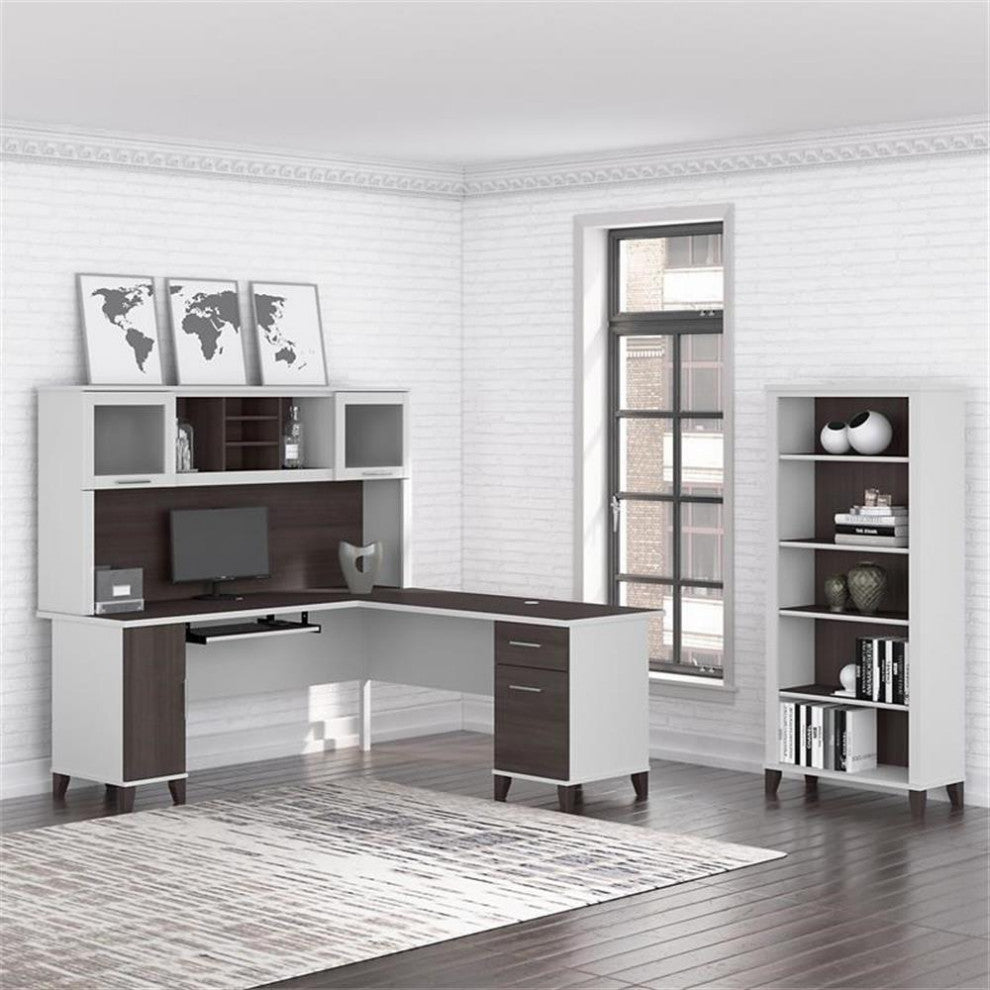 Somerset 72W L Desk with Hutch and Bookcase in White/Gray - Engineered Wood