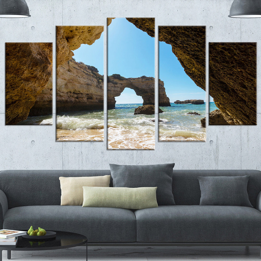 Portugal Coast with Amazing Caves, Landscape Canvas Art, 60"x32", 5 Panels