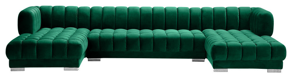 Gwen Biscuit Tufted Velvet Upholstered 3 Piece Sectional, Green