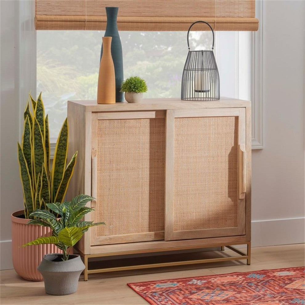 Linon Josie Wood Storage Cabinet 2 Sliding Cane Doors Gold Metal Base in Natural
