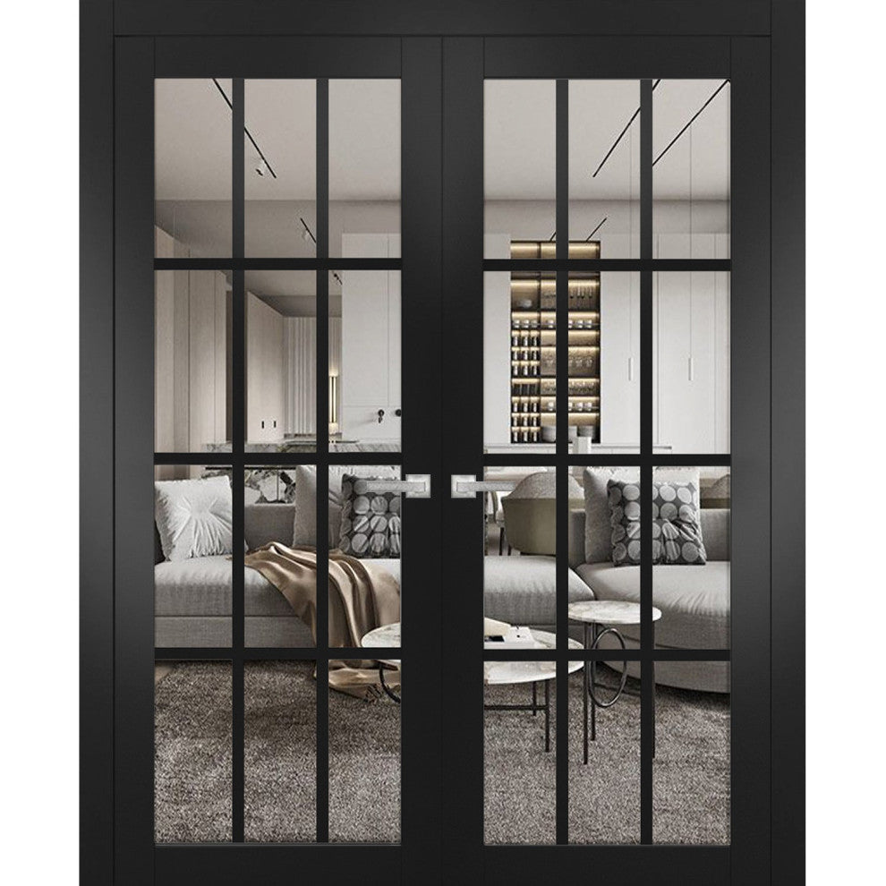 Interior French Double Doors|Felicia 3355 Matte Black with Clear Glass -84x96