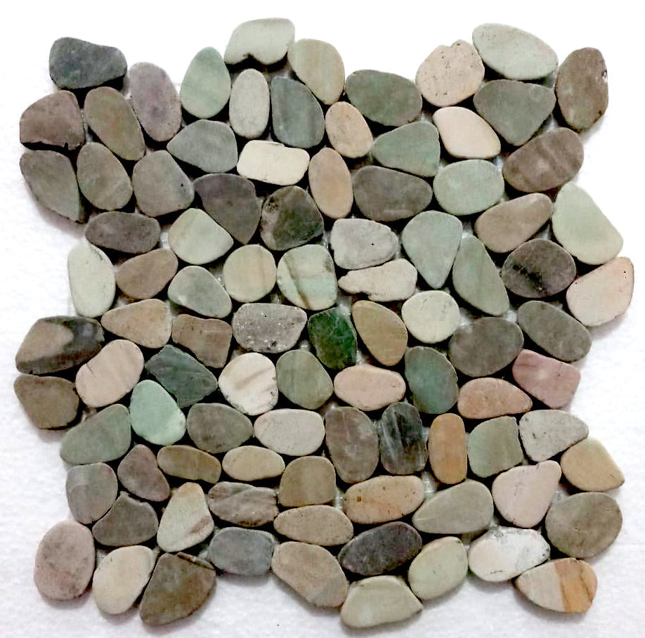 Sliced Small Oval Lovebird Pastel Golden Blue Pebble Tile, 12x12 for Backsplash