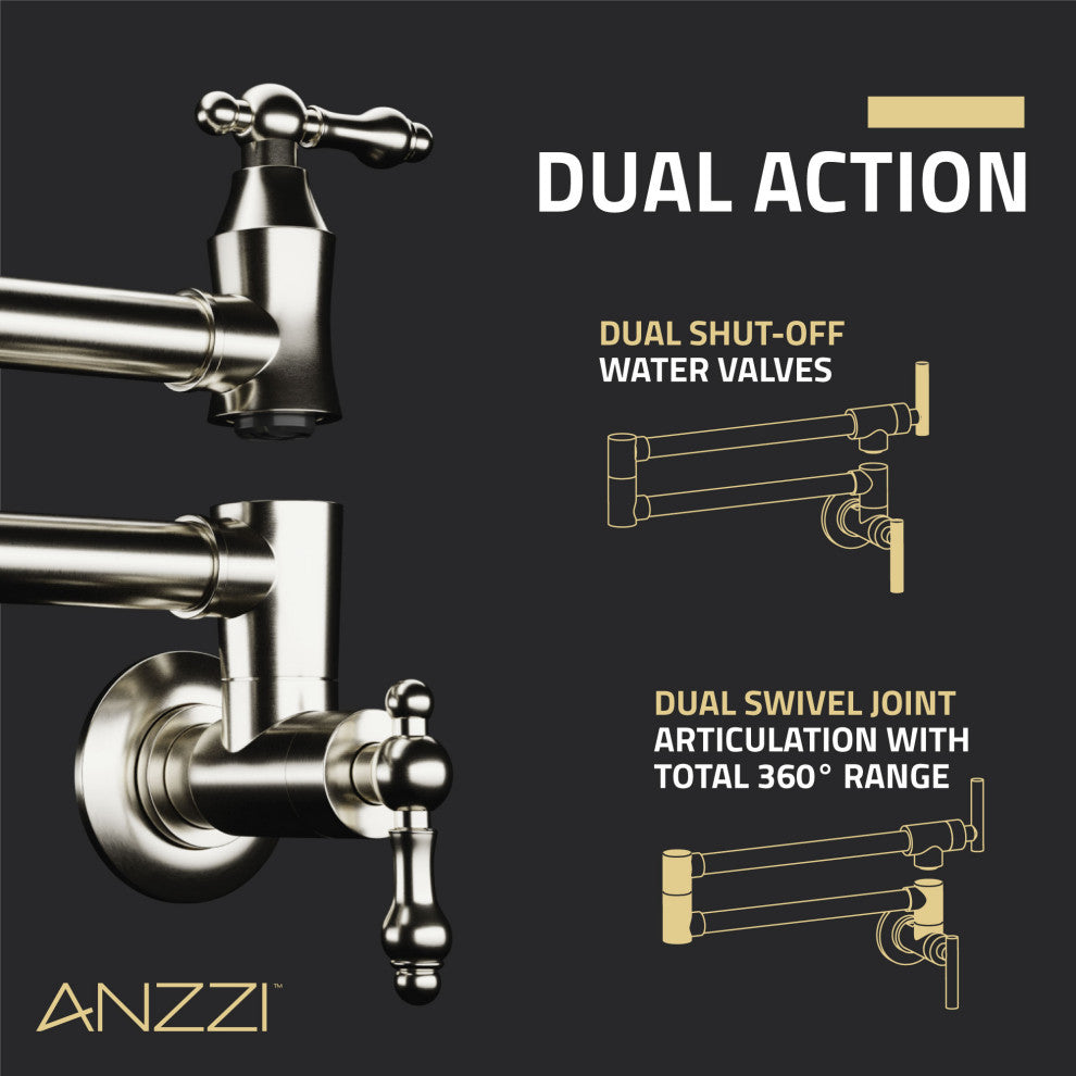Marca 360-Degree 24" Wall Mounted Pot Filler With Dual Swivel, Brushed Nickel