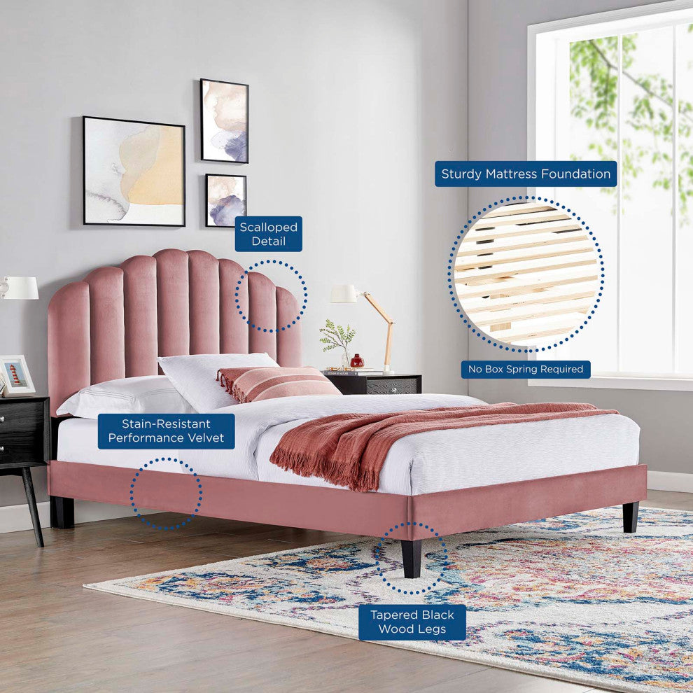 Platform Bed Frame, Queen Size, Pink, Velvet, Modern, Bedroom Guest Suite