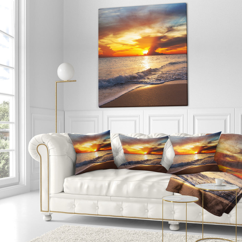 Yellow Sunset Through Dark Clouds Seashore Throw Pillow, 18"x18"