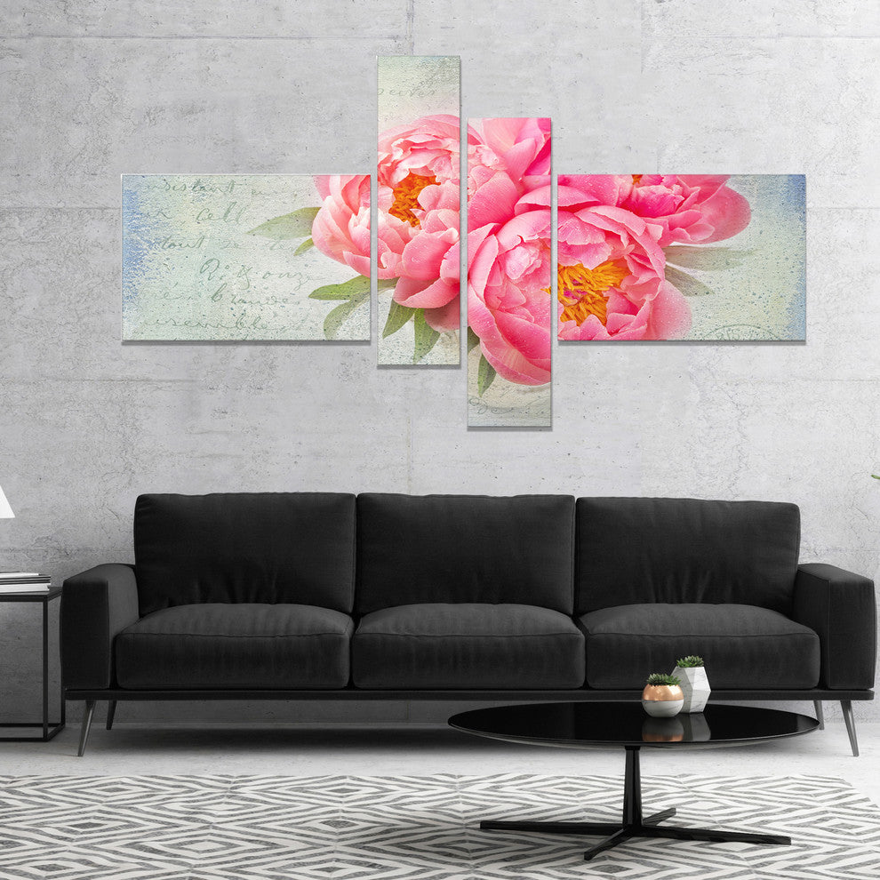 Pink Peony Flowers in White Vase, Floral Canvas Art Print, 60"x32", 4 panels