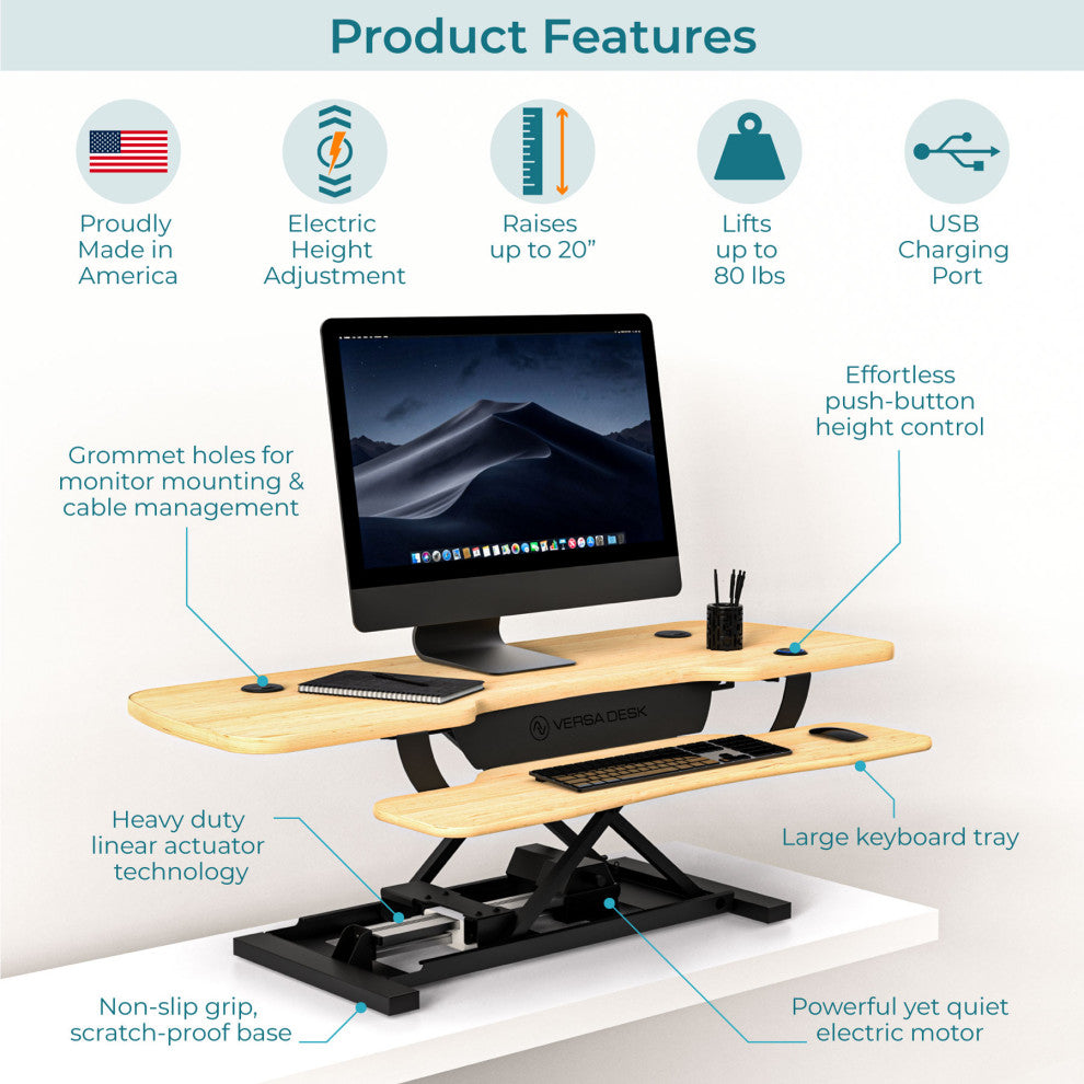 VersaDeskÂ® PowerProÂ® Electric Height Adjustable Standing Desk Converter, Maple, 48''