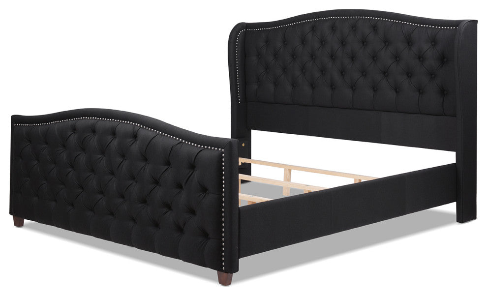 Marcella Upholstered Tufted Shelter Wingback Panel Bed, Jet Black Polyester, King