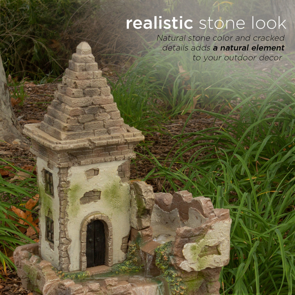 35" Tall Outdoor Fairy Castle Waterwheel Tiered Fountain Yard Art Decoration