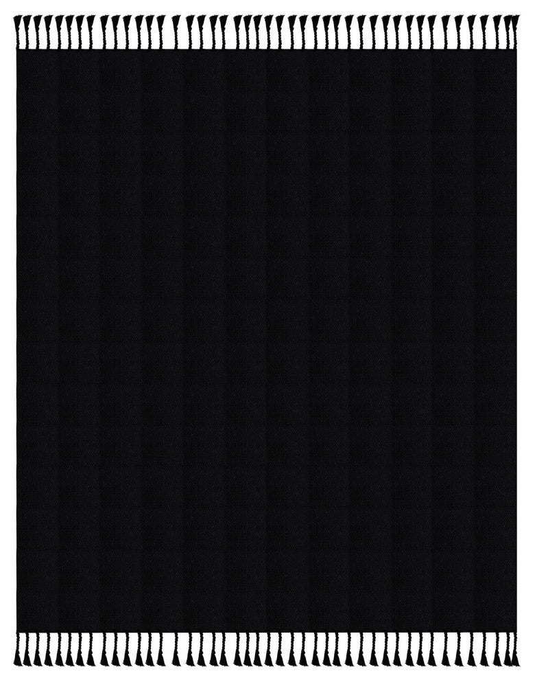 Checkered Weave Throw Blanket with Fringe, Jet Black