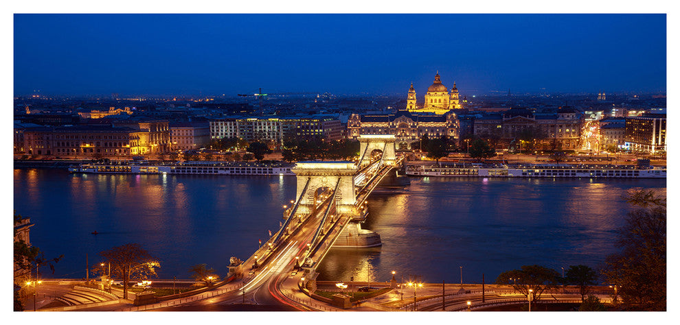 Illuminated Cain Bridge Budapest, Large Cityscape Canvas Art Print, 60"x28"