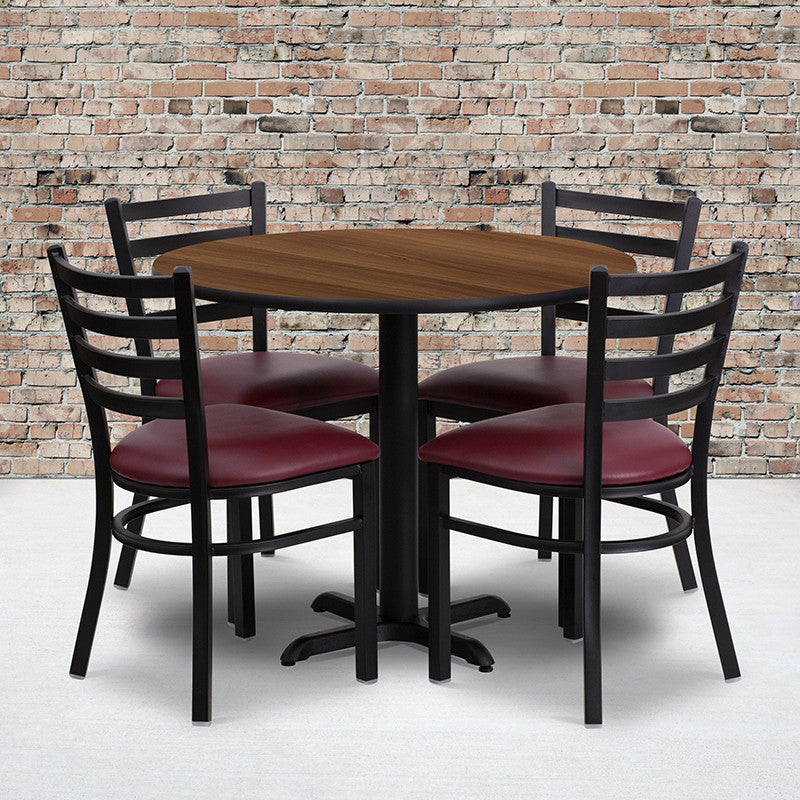 36'' Round Walnut Laminate Table, 4 Ladder Back Metal Chairs-Burgundy Seat